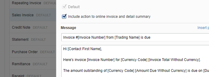 Screenshot of the Xero Sales Invoice Email Template edit modal